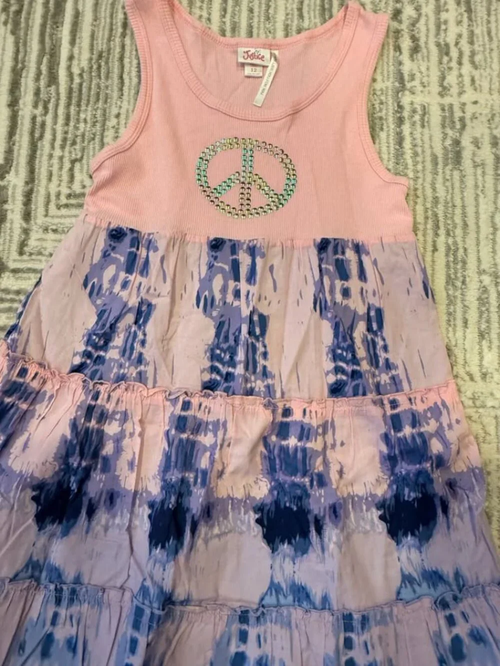 NEW Justice girl's size 12 pink/blue/purple PEACE tye-dyed long dress MSRP $58.